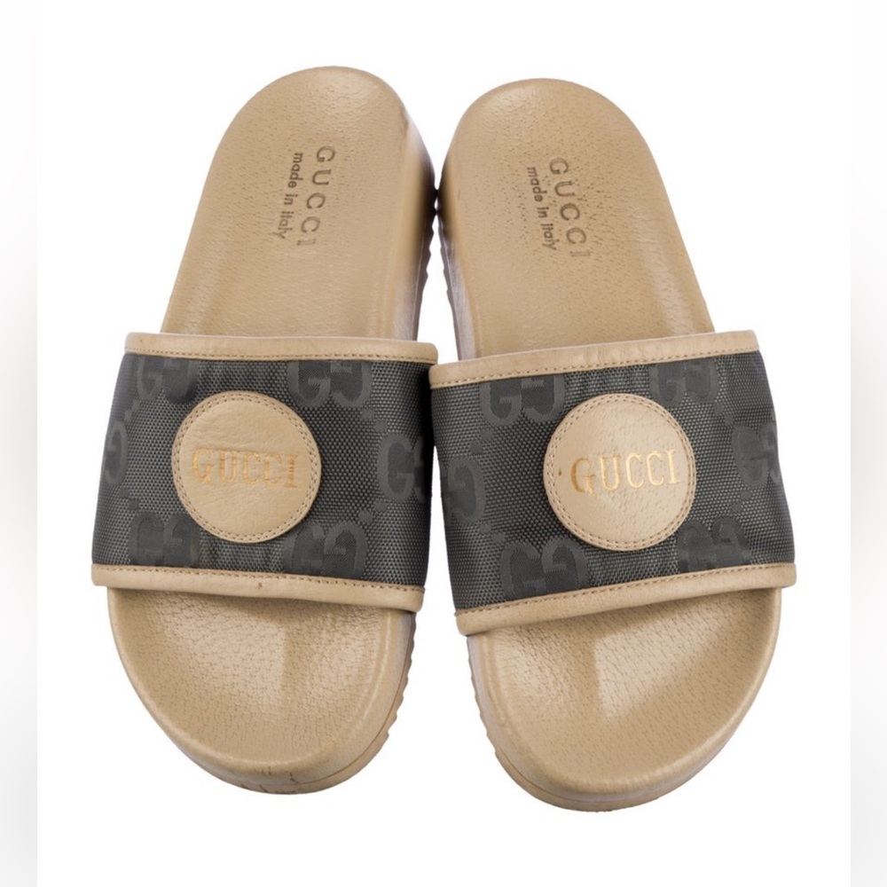 Gucci Beige and Dark Gray Logo Slide Sandals size 5 fit 6-6.5